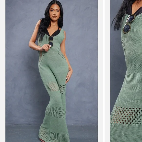 Women's Tall Green Crochet Plunged Maxi Dress - Size 6